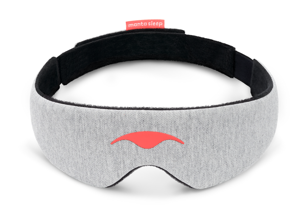 Front view of the circular grey Manta ORIGINAL Head Strap with a coral logo on the front and a red brand tag on the back loop.