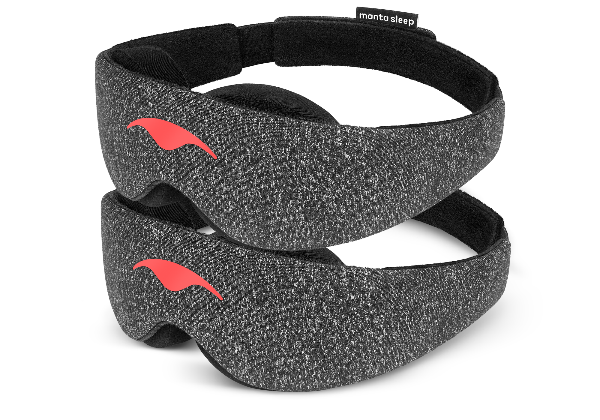 Two Carbon Black Manta Sleep Masks are stacked vertically, isolated on a white background. Each mask highlights its speckled, dark gray heathered fabric exterior, a bright coral-red Manta Sleep logo printed on the front center, and a soft black interior lining with a small brand label attached to the top strap.