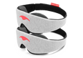 Two light gray heather fabric Manta Sleep Masks are stacked vertically against a clean white background. Both masks feature the signature smooth, coral-colored Manta Sleep logo on the center front and show a glimpse of the plush, dark gray contoured eyecups underneath the black-lined headband.