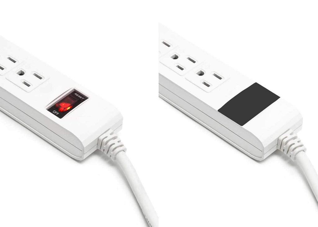 Side-by-side comparison of a white power strip with a glowing red switch on the left and a switch covered by a black blackout sticker on the right.