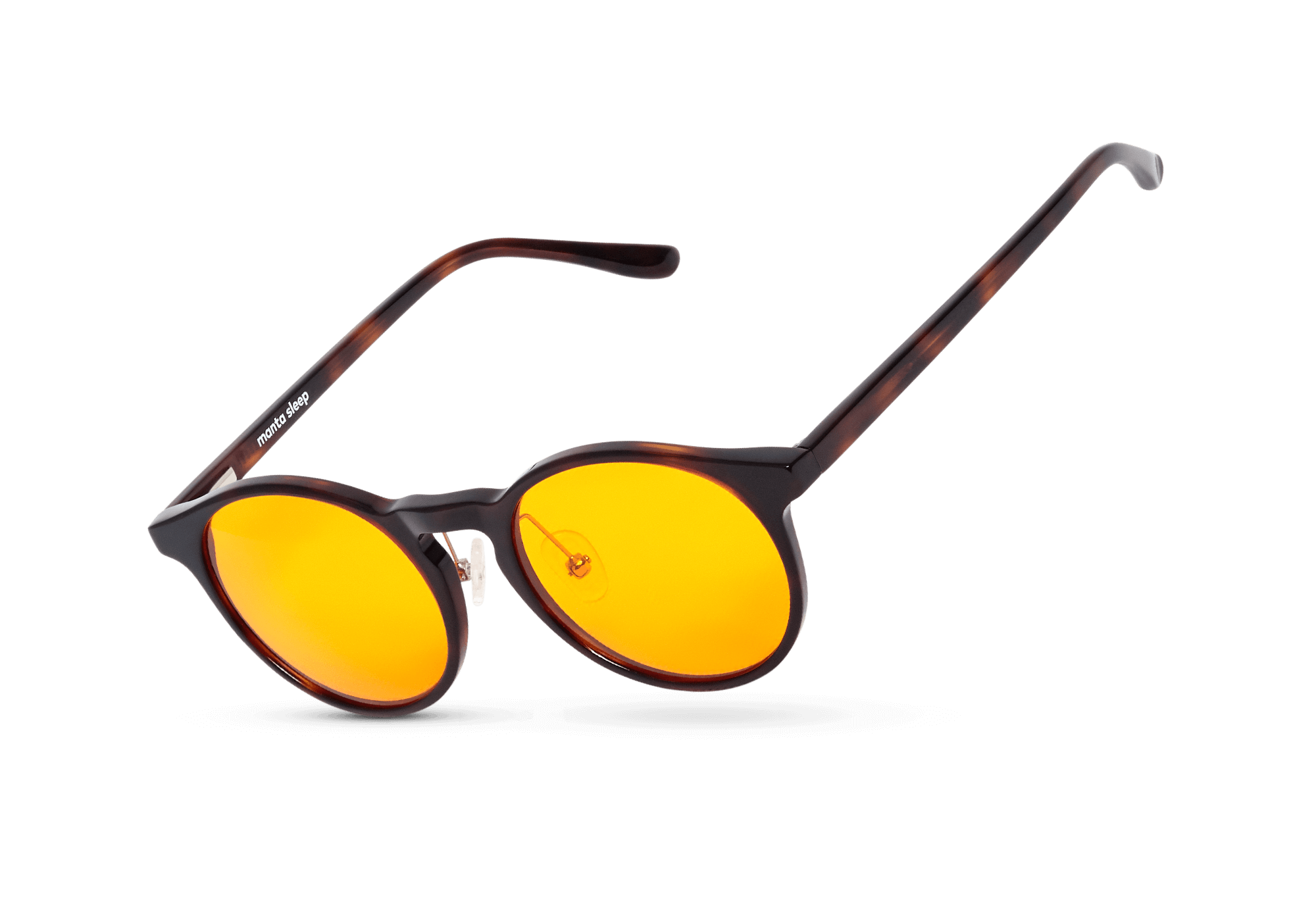 Three-quarter floating studio shot of round tortoiseshell blue light blocking glasses with vibrant yellow lenses, isolated on white.