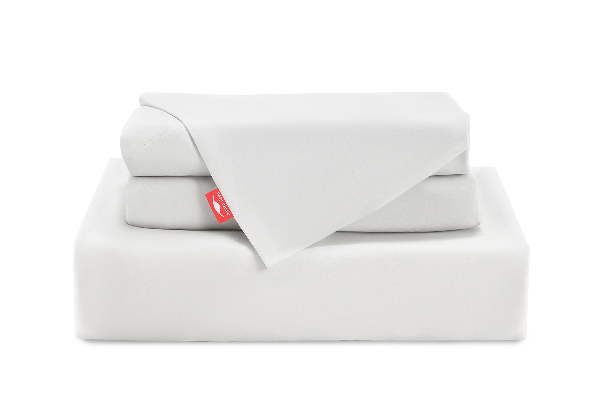 A neat stack of folded white Manta Arctic sheets and pillowcases, featuring a bright red Manta Sleep logo tab, isolated on a white background.