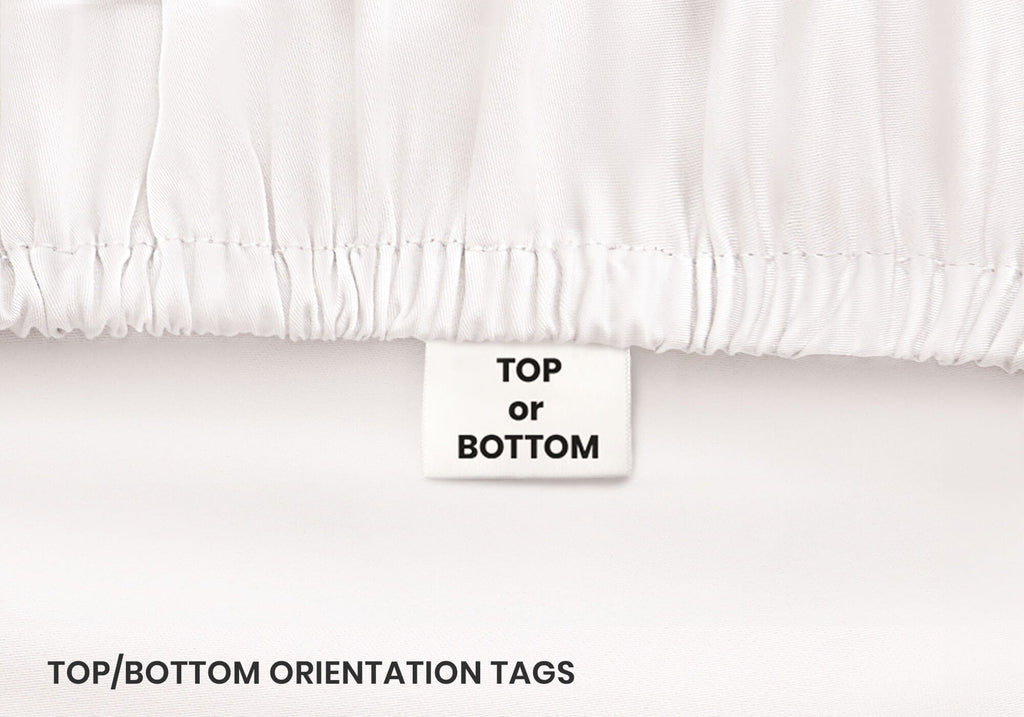 Close-up of a white fabric tag reading "Top or bottom" stitched onto a gathered white elastic sheet hem. Text overlay: "Top or bottom orientation tags".