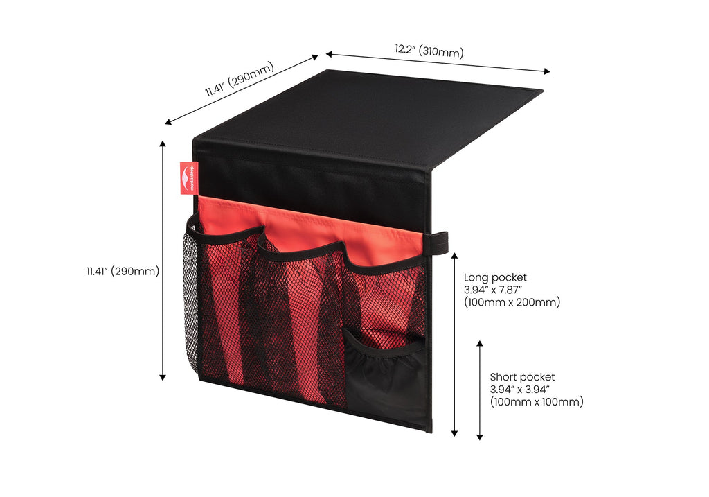 Product diagram of the black and coral Manta Bedside Caddy showing precise pocket and panel dimensions in inches and millimeters.