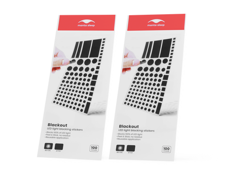 Two packs of Manta Sleep Blackout LED light blocking stickers shown side-by-side from an angled perspective, isolated on a white background.