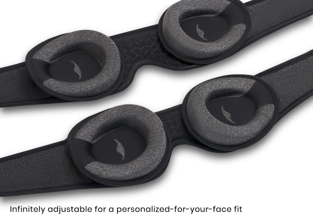 Two Carbon Black sleep masks laid out to show adjustable interior eye cups, with caption "Infinitely adjustable for a personalized-for-your-face fit".