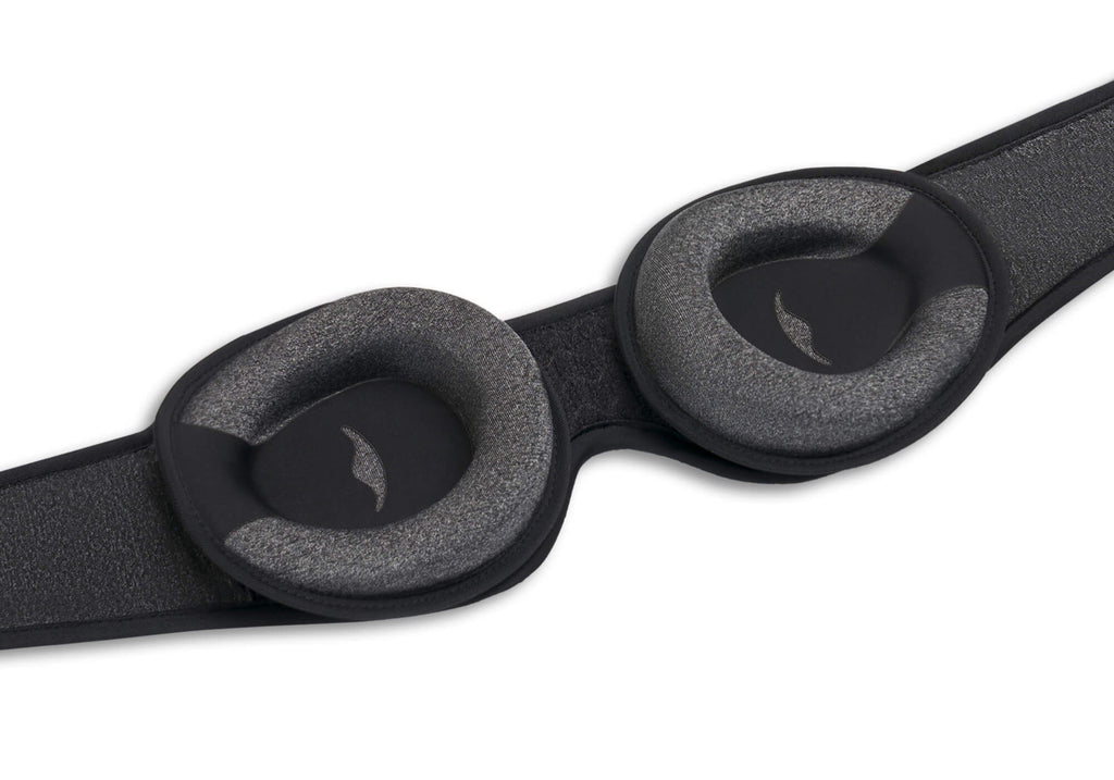 Inner view of the Carbon Black Manta Sleep Mask PRO showing two adjustable, contoured grey foam eye cups attached to the dark head strap.