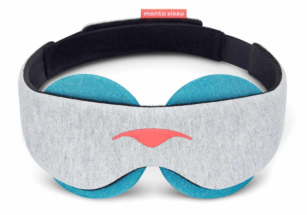 Front view of a light grey Manta COOL Sleep Mask featuring a coral central logo and thick blue-teal eye cups visible underneath, on white.