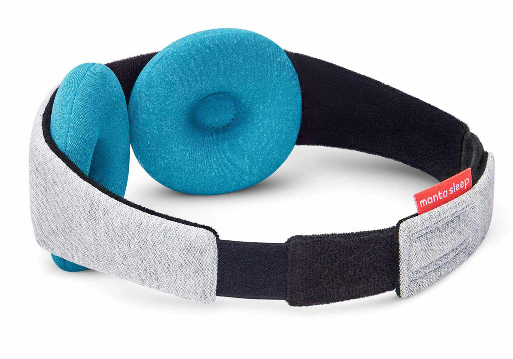 Rear three-quarter view of a grey Manta COOL Sleep Mask showing the thick blue-teal circular eye cups and the red Manta Sleep label.