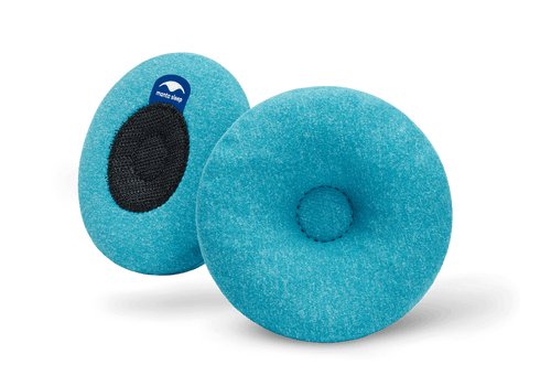Pair of round blue-teal Manta COOL Eye Cups, showing both the indented front side and the black hook-and-loop back side on white.