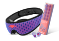 A coral-red and blue mesh Manta PRO Sleep Mask alongside a box of purple Manta Sleep Earplugs and a loose pair of earplugs, isolated on white.