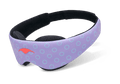 An angled product shot of the Manta KIDS Sleep Mask floating against a plain white surface. The exterior band displays a playful purple design with light blue circle outlines and a small orange emblem on the front left. The inner side reveals a soft black plush lining and a matching black elastic strap.