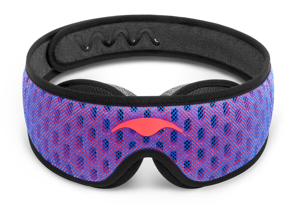 Front view of the Manta PRO Sleep Mask featuring a blue and red perforated mesh pattern, black trim, and an coral-red Manta Sleep logo.