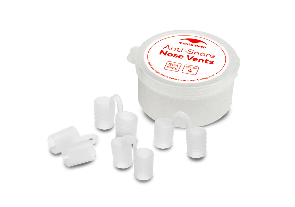 Four translucent Manta Sleep nose vents displayed next to their round white plastic storage case on a white background.