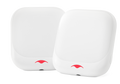 Studio shot of two white, square-shaped Manta Sleep night lights with rounded corners, isolated on a white background.