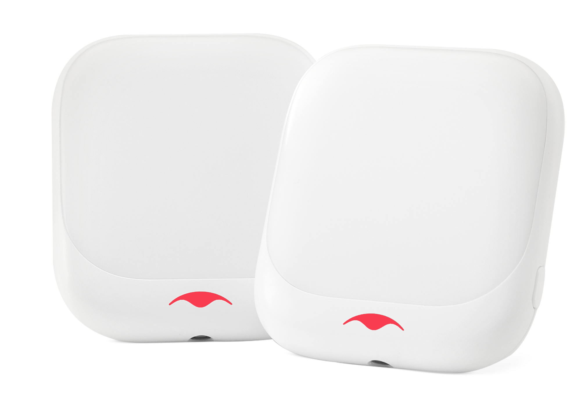 Studio shot of two white, square-shaped Manta Sleep night lights with rounded corners, isolated on a white background.