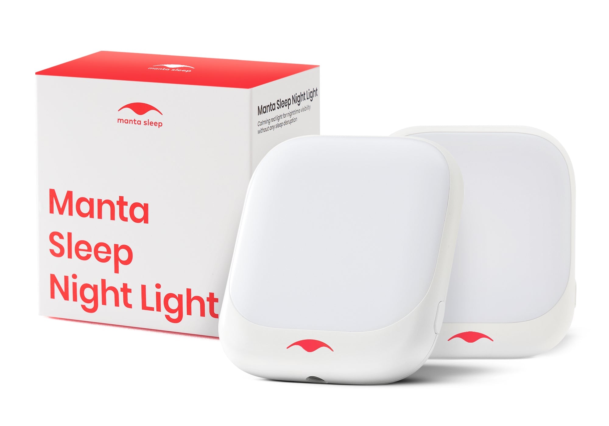 Two white Manta Sleep night lights displayed next to their red and white product packaging box, isolated on a white background.