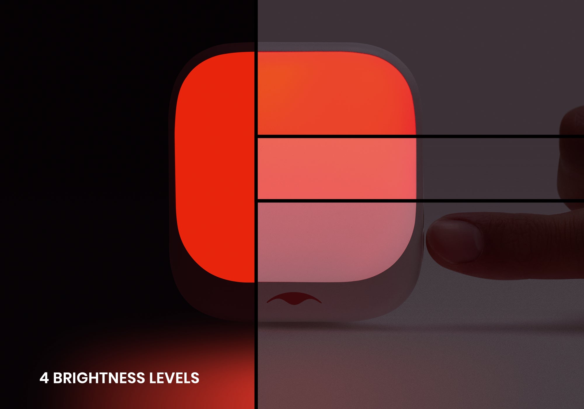 Close-up diagram showing a hand adjusting between four distinct red brightness levels on a Manta Sleep night light.