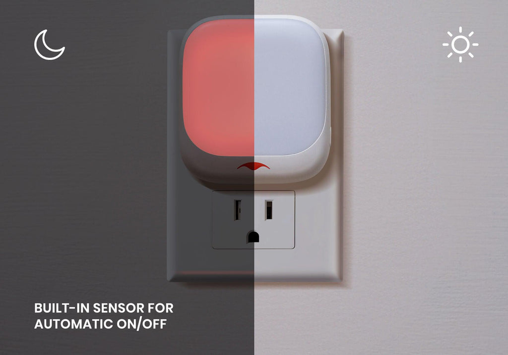 Split screen showing a Manta Sleep night light off in daylight and glowing red in the dark, with text overlay: "Built-in sensor for automatic on or off".