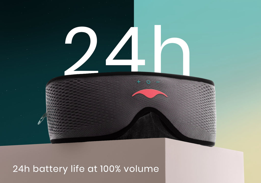 A grey Manta SOUND Sleep Mask resting on a white platform under a large "24h" text overlay, captioned "24h battery life at 100% volume".