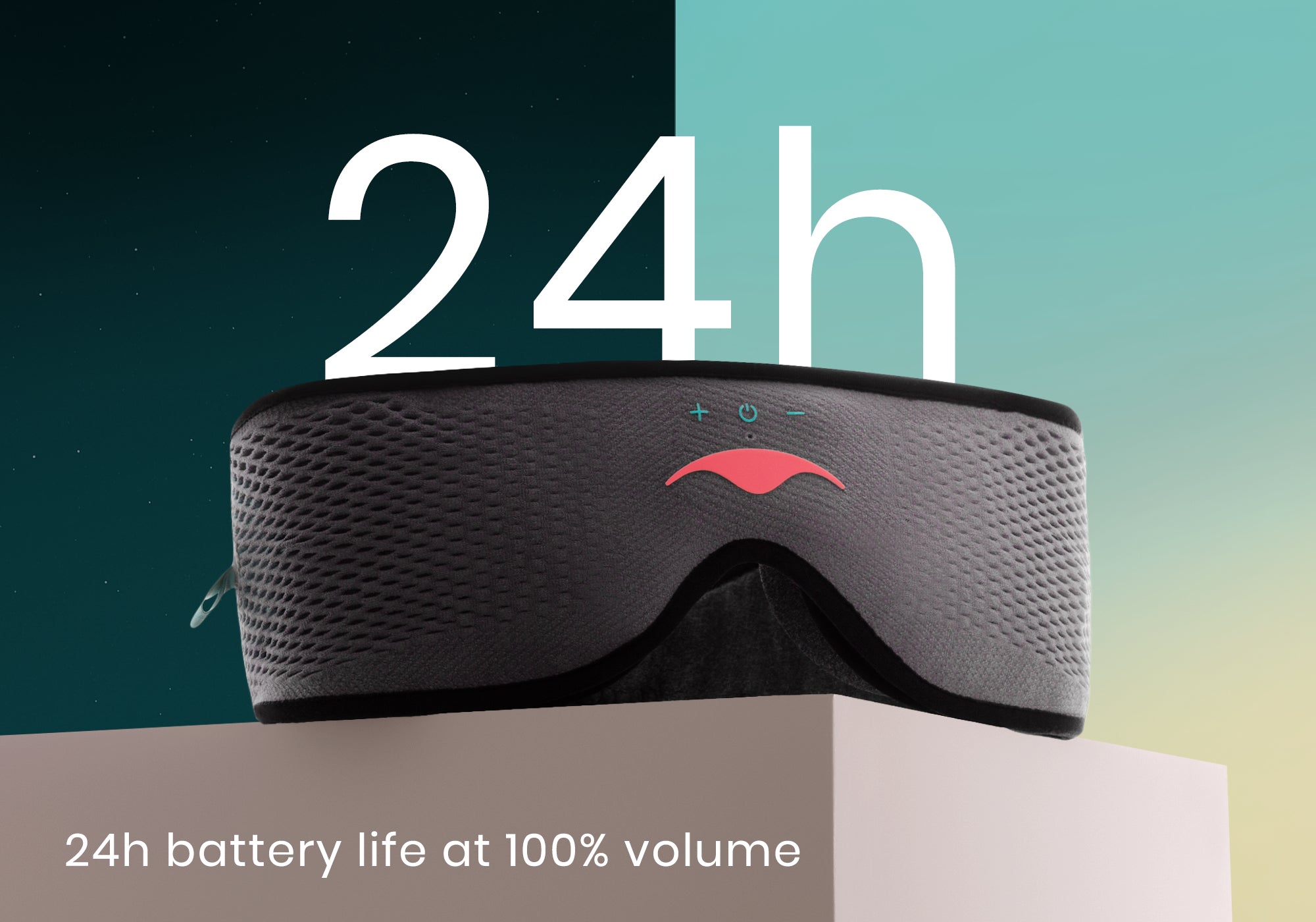A grey Manta SOUND Sleep Mask resting on a white platform under a large "24h" text overlay, captioned "24h battery life at 100% volume".