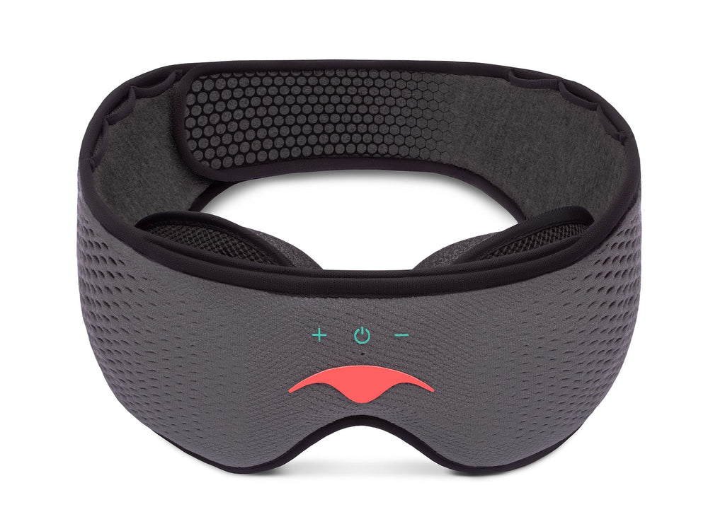 Straight-on front view of the grey Manta SOUND Sleep Mask, highlighting the central coral logo and turquoise electronic control icons on white.