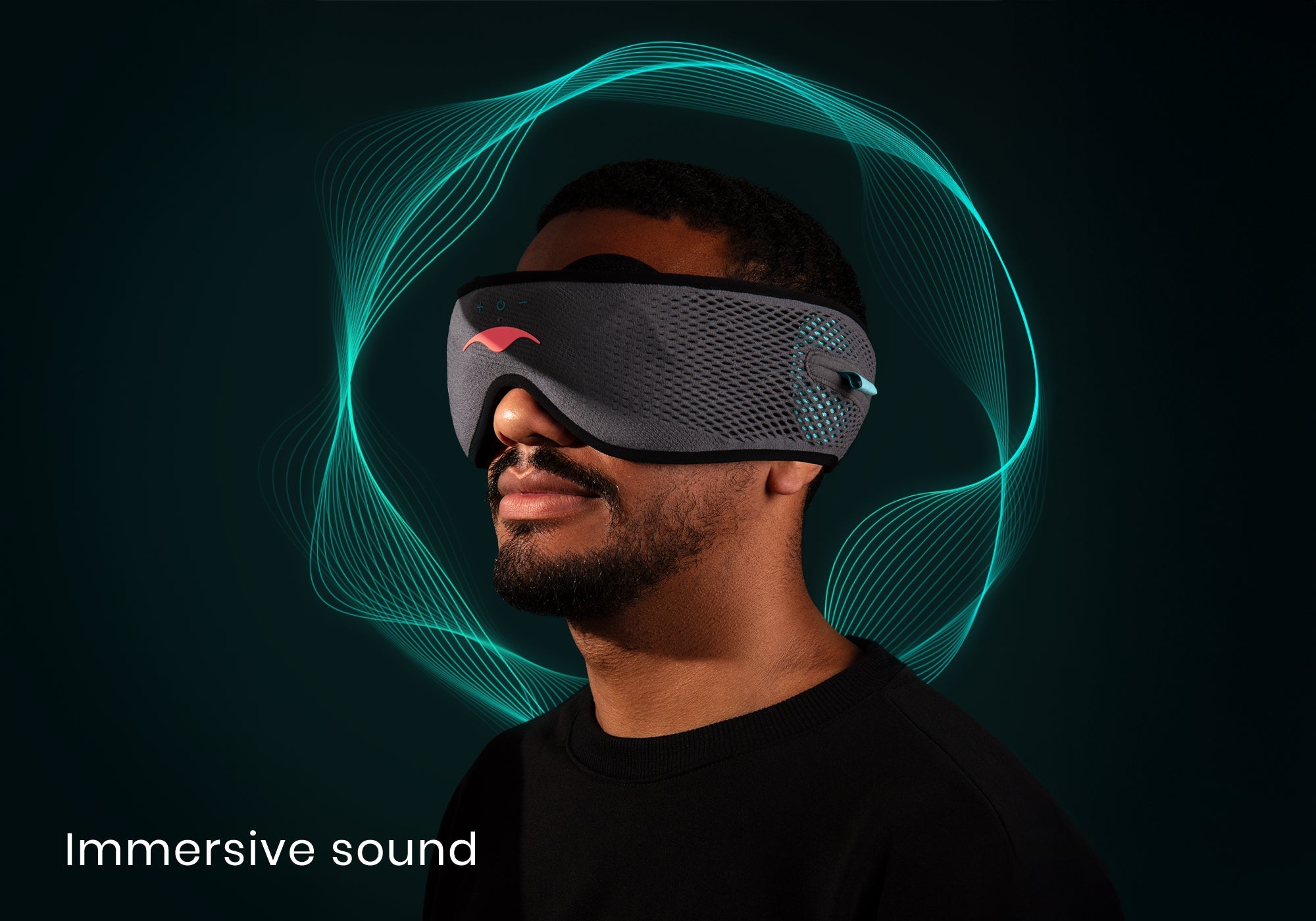 Profile view of a man wearing a grey Manta SOUND Sleep Mask with glowing turquoise soundwaves rippling around his head, captioned "Immersive sound".