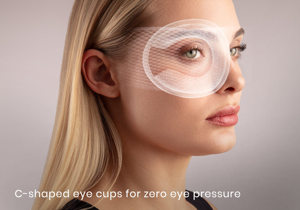 Side profile of a woman with a transparent overlay showing the contour of a C-shaped eye cup over her eye, captioned "C-shaped eye cups for zero eye pressure".