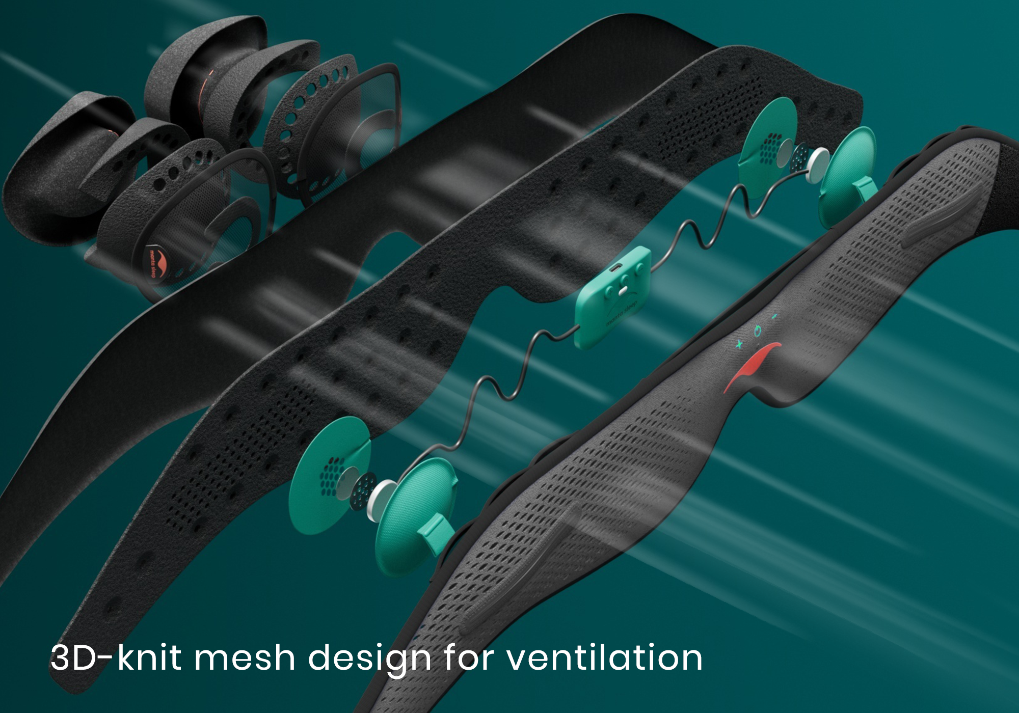 Exploded 3D diagram showing the layered components, Bluetooth controller, and thin speakers of the mesh mask, titled "3D-knit mesh design for ventilation".