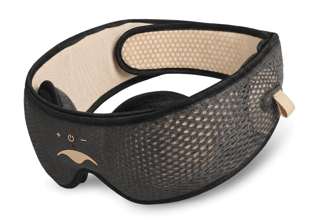Three-quarter perspective of the grey Manta SOUND Sleep Mask Sundown Edition showing control buttons and a gold Manta Sleep logo.