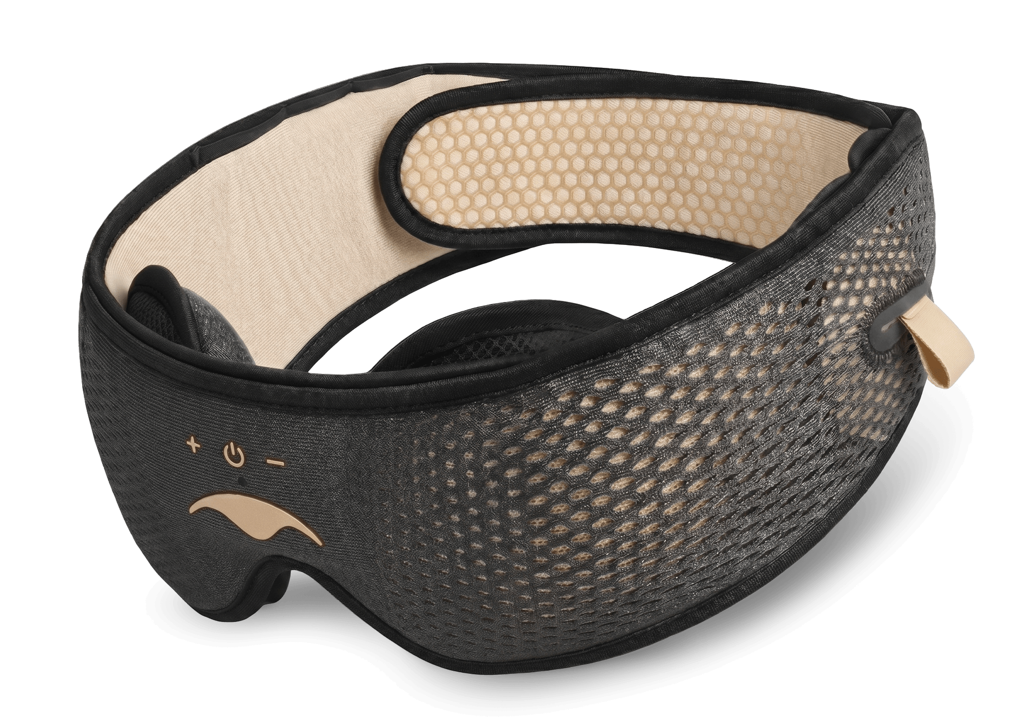 Three-quarter perspective of the grey Manta SOUND Sleep Mask Sundown Edition showing control buttons and a gold Manta Sleep logo.