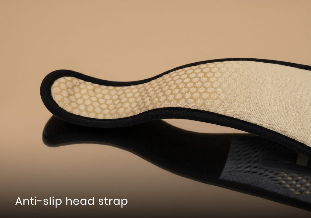 Close-up of the textured honeycomb non-slip lining inside a beige head strap, with text overlay "Anti-slip head strap".