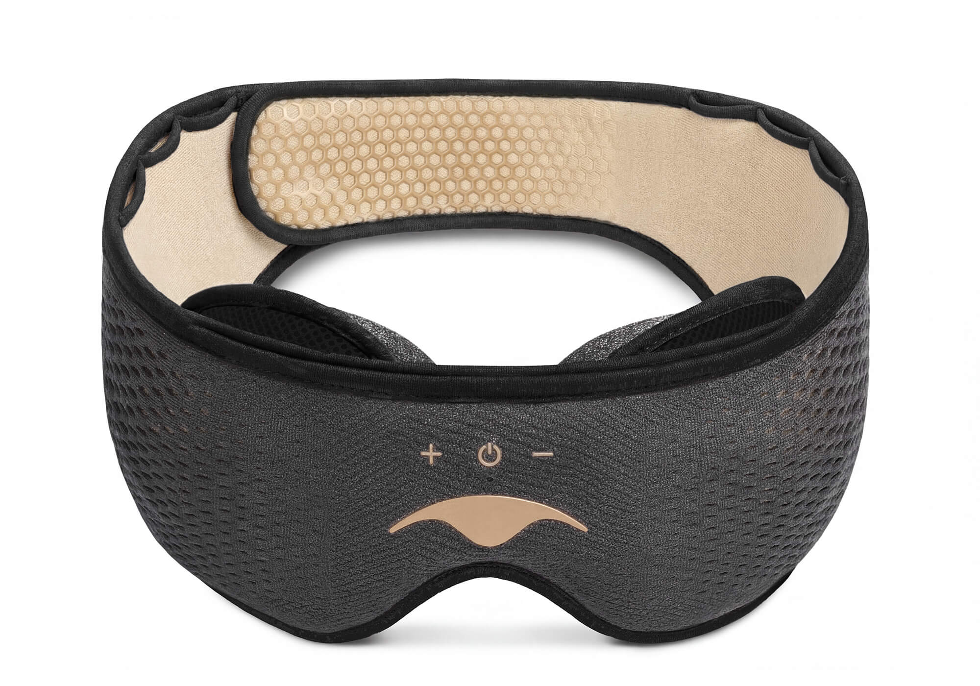 Frontal view of the grey Manta SOUND Sleep Mask Sundown Edition, showing the beige internal lining on a white background.