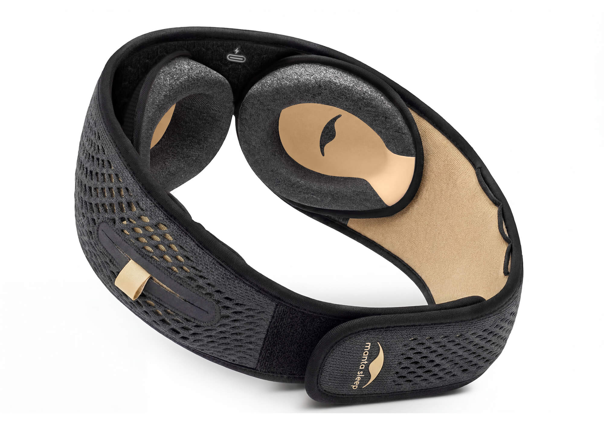 Inner view of Manta SOUND Sleep Mask Sundown Edition featuring adjustable grey eye cups and a hook-and-loop strap closure.