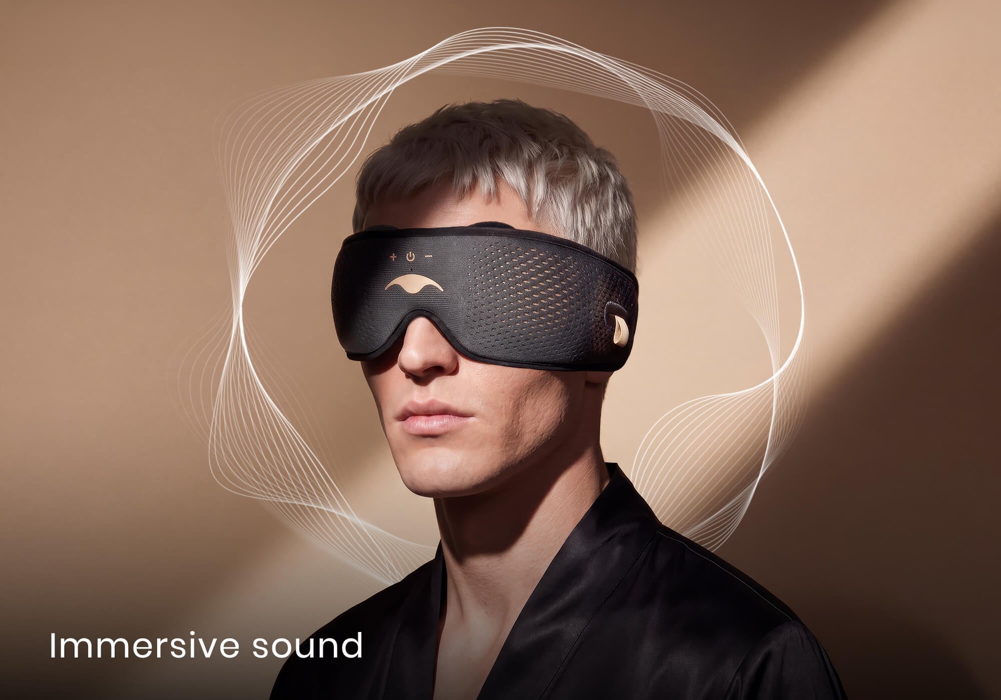 A man wearing a Manta SOUND Sleep Mask with abstract white audio wave graphics surrounding his head. Text overlay: "Immersive sound".
