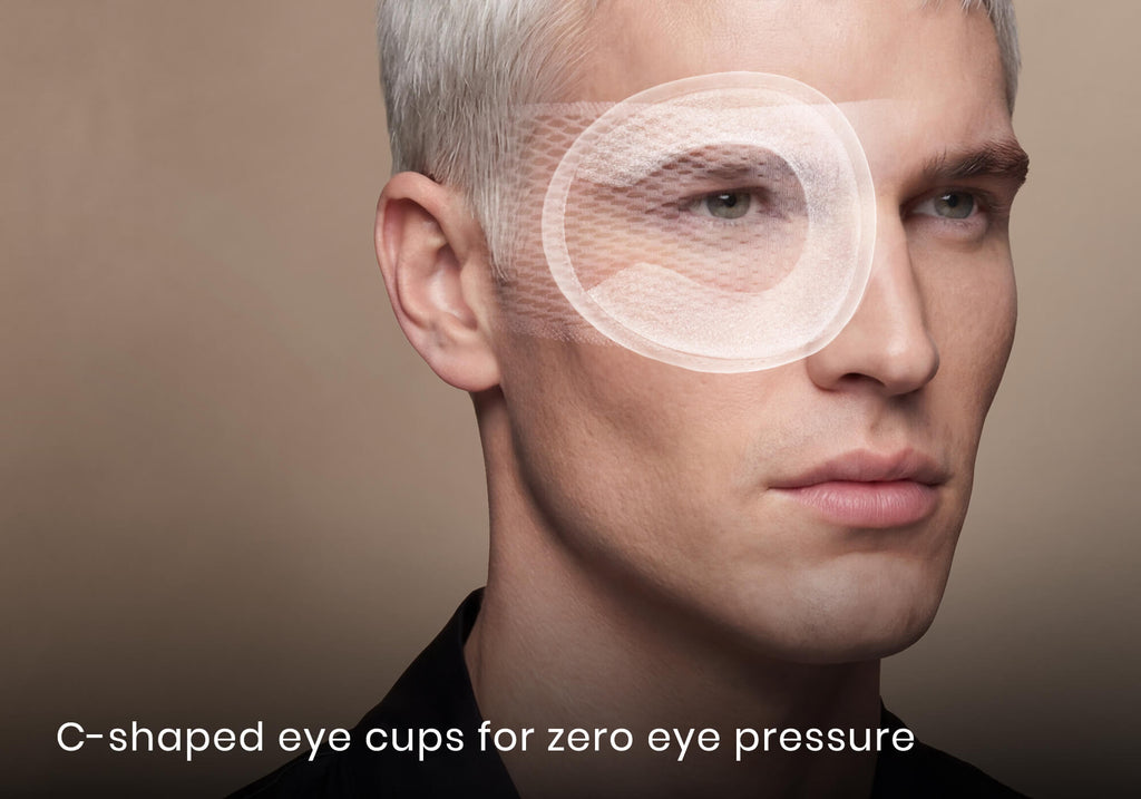 Side profile of a blond man with a white graphic overlay showing a C-shaped eye cup over his eye. Text: "C-shaped eye cups for zero eye pressure".
