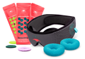 From left to right: Three packs of Manta AROMA Dots in various scents, grey Manta SOUND Sleep Mask and blue-teal Manta COOL Eye Cups.