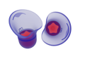 Pair of purple silicone earplugs showing the "m" size indicator and pink star-shaped foam cores inside, isolated on white.