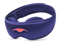Three-quarter studio shot of the Manta SILK Sleep Mask in lustrous purple, featuring an embroidered coral logo and a ruched back strap section.