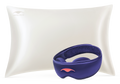 Purple Manta SILK Sleep Mask in front of a pearl white Manta Silk Pillowcase.