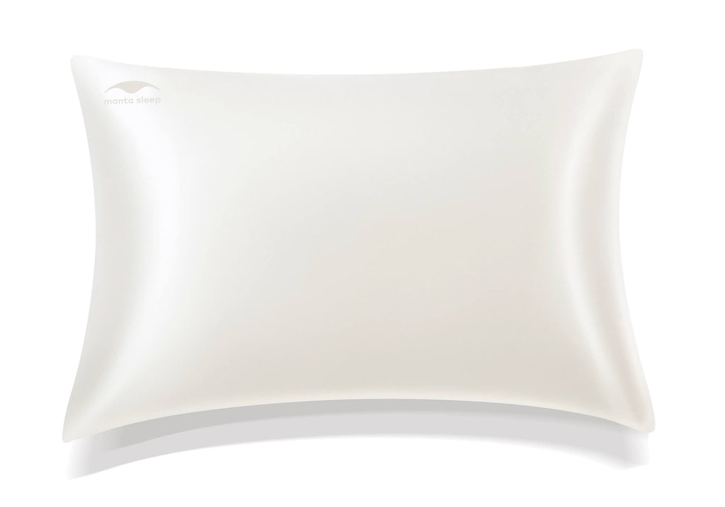 Studio shot of a single standard pearl white Manta Sleep silk pillowcase with a subtle Manta Sleep logo on the top left corner, isolated on white.