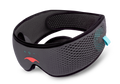 An angled view of the grey Manta SOUND Sleep Mask with built-in headphones, featuring a mesh texture, a coral logo, and electronic control icons on white.
