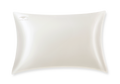 Studio shot of a single standard pearl white Manta Sleep silk pillowcase with a subtle Manta Sleep logo on the top left corner, isolated on white.