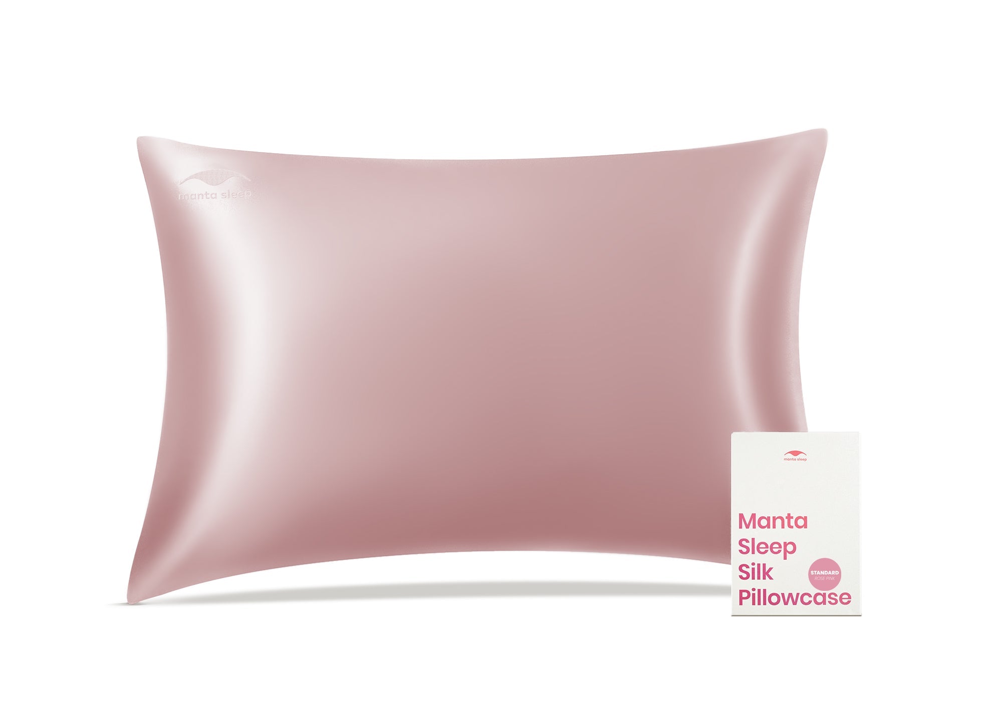 Front view of an inflated rose pink Manta Sleep silk pillowcase standing next to its rectangular product box.