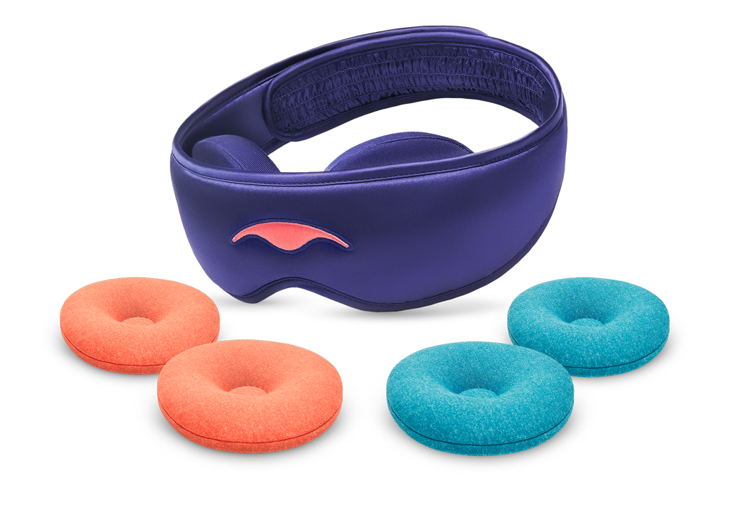 A purple Manta SILK Sleep Mask shown on a white background alongside two round orange STEAM eye cups and two round blue-teal COOL eye cups.