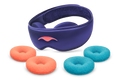 A purple Manta SILK Sleep Mask shown on a white background alongside two round orange STEAM eye cups and two round blue-teal COOL eye cups.