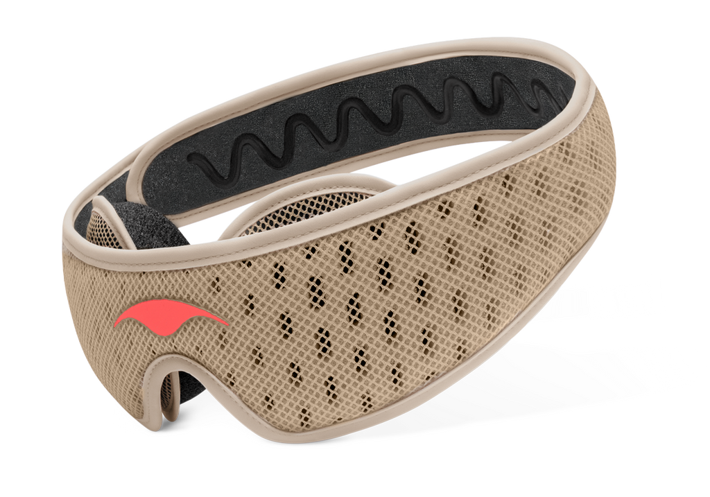Three-quarter studio shot of the light brown Tranquil Taupe Manta PRO Sleep Mask, and an coral-red Manta Sleep logo.