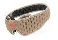 Three-quarter studio shot of the light brown Tranquil Taupe Manta PRO Sleep Mask, and an coral-red Manta Sleep logo.