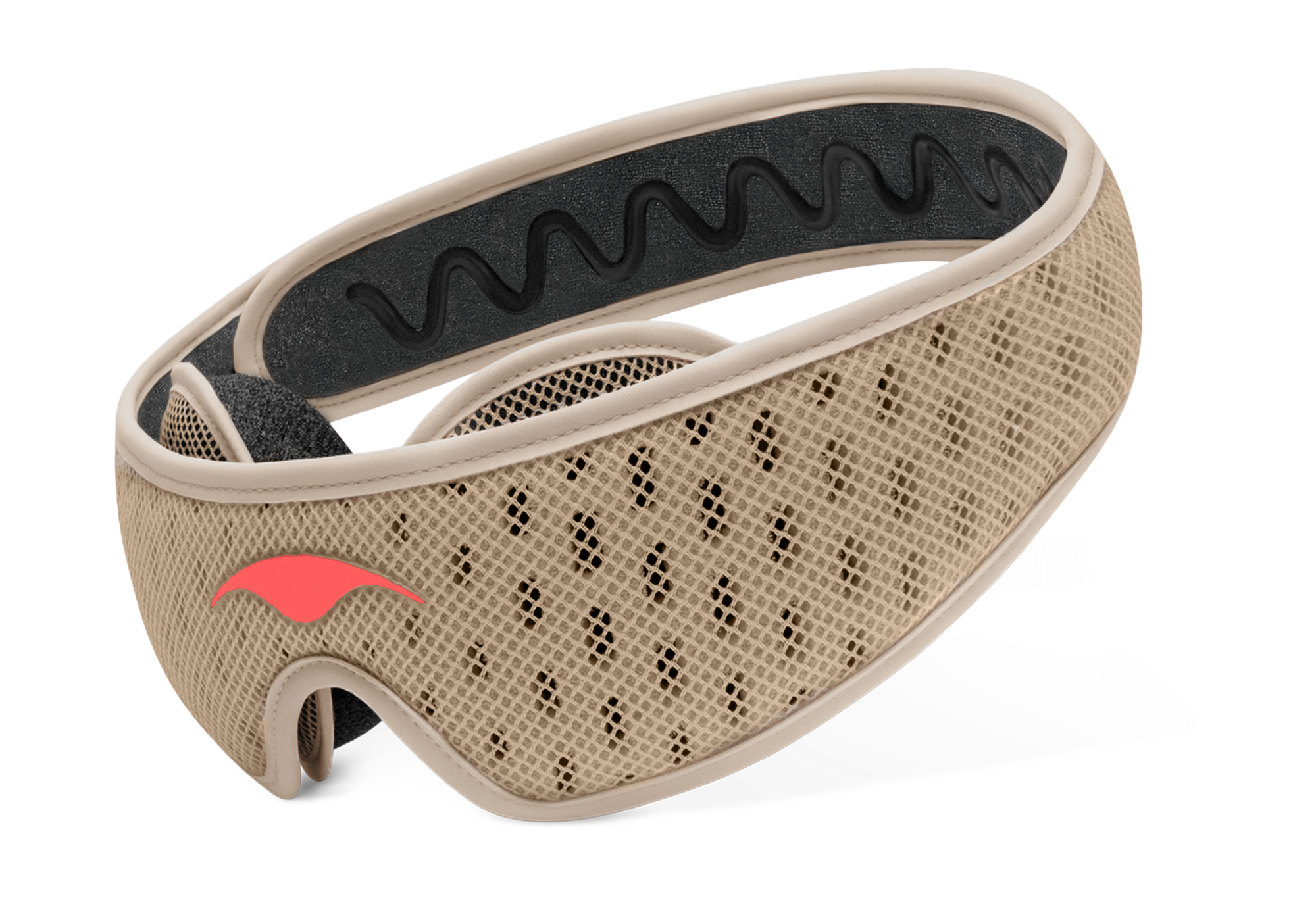 Three-quarter studio shot of the light brown Tranquil Taupe Manta PRO Sleep Mask, and an coral-red Manta Sleep logo.