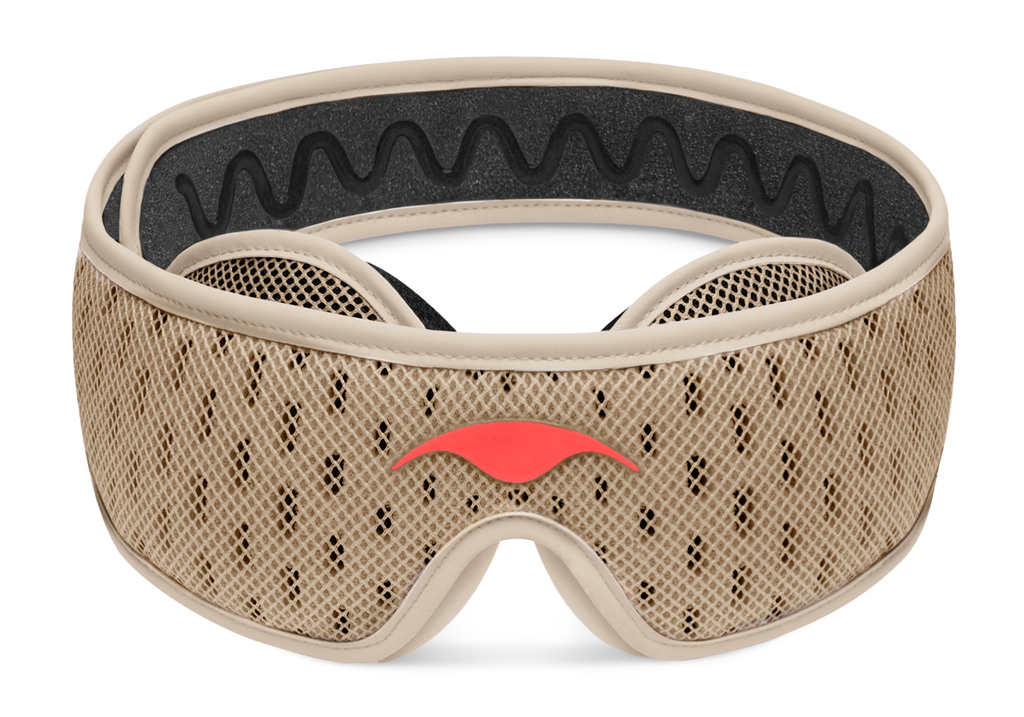 Front view of the light brown Tranquil Taupe Manta PRO with an coral-red Manta Sleep logo.
